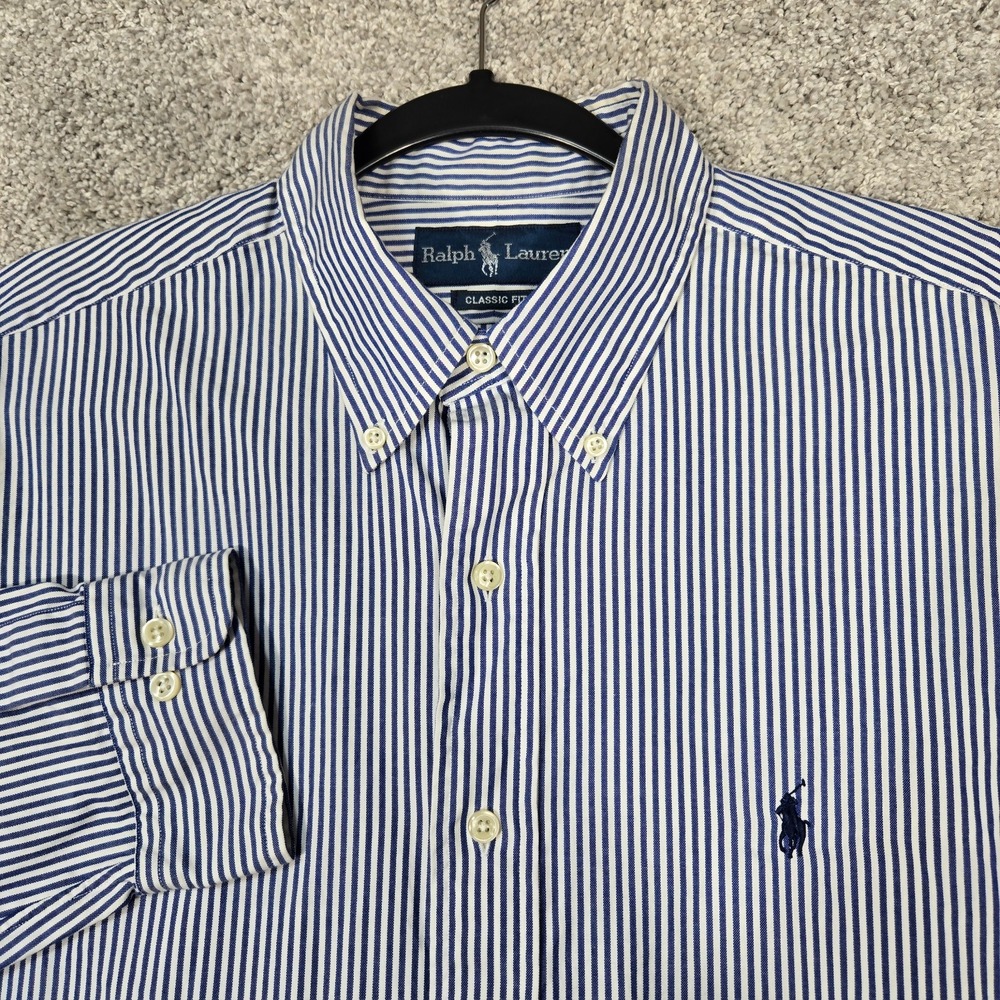 Ralph Lauren Button Down Shirt Mens 16-34/35 (L) Blue White striped Classic Fit